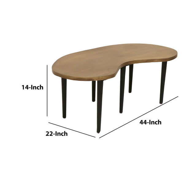 Industrial Kidney Bean Shaped Brass Top Coffee Table With Tapered Legs, Brass And Black