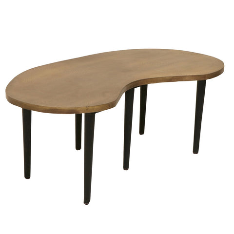 Industrial Kidney Bean Shaped Brass Top Coffee Table With Tapered Legs, Brass And Black