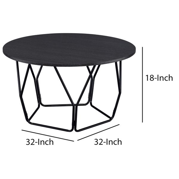 Industrial Round Top Wooden Coffee Table With Geometric Base, Black