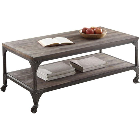 Industrial Style Rectangular Wood And Metal Coffee Table With Open Shelf, Gray