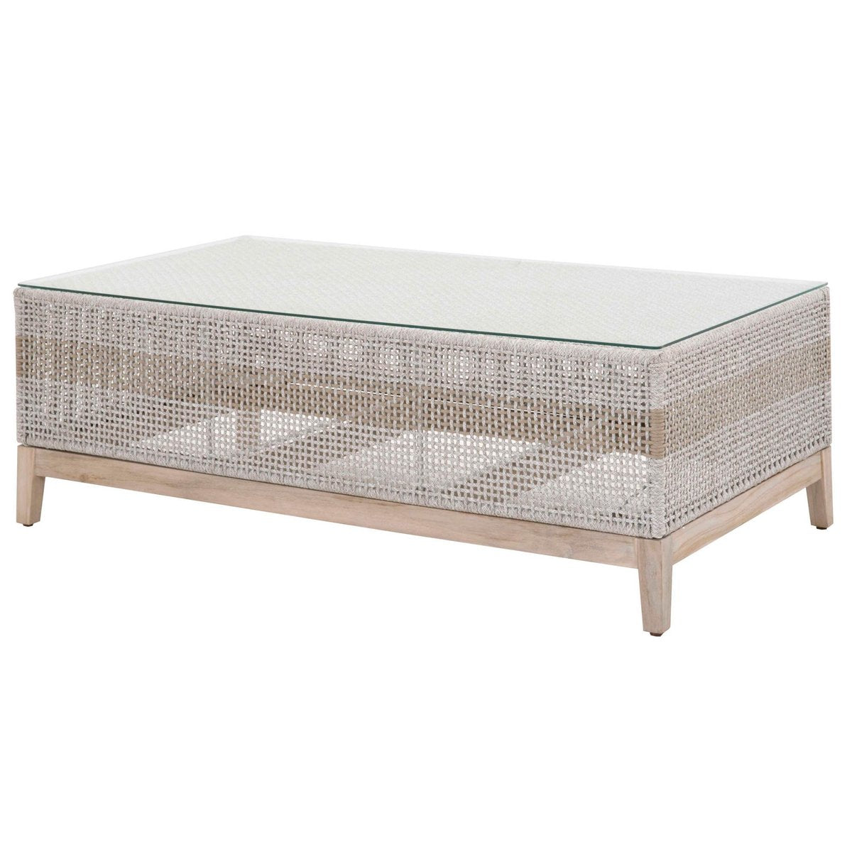 Interwoven Rope Wooden Coffee Table With Glass Top, Gray And Brown