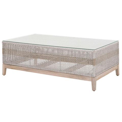 Interwoven Rope Wooden Coffee Table With Glass Top, Gray And Brown