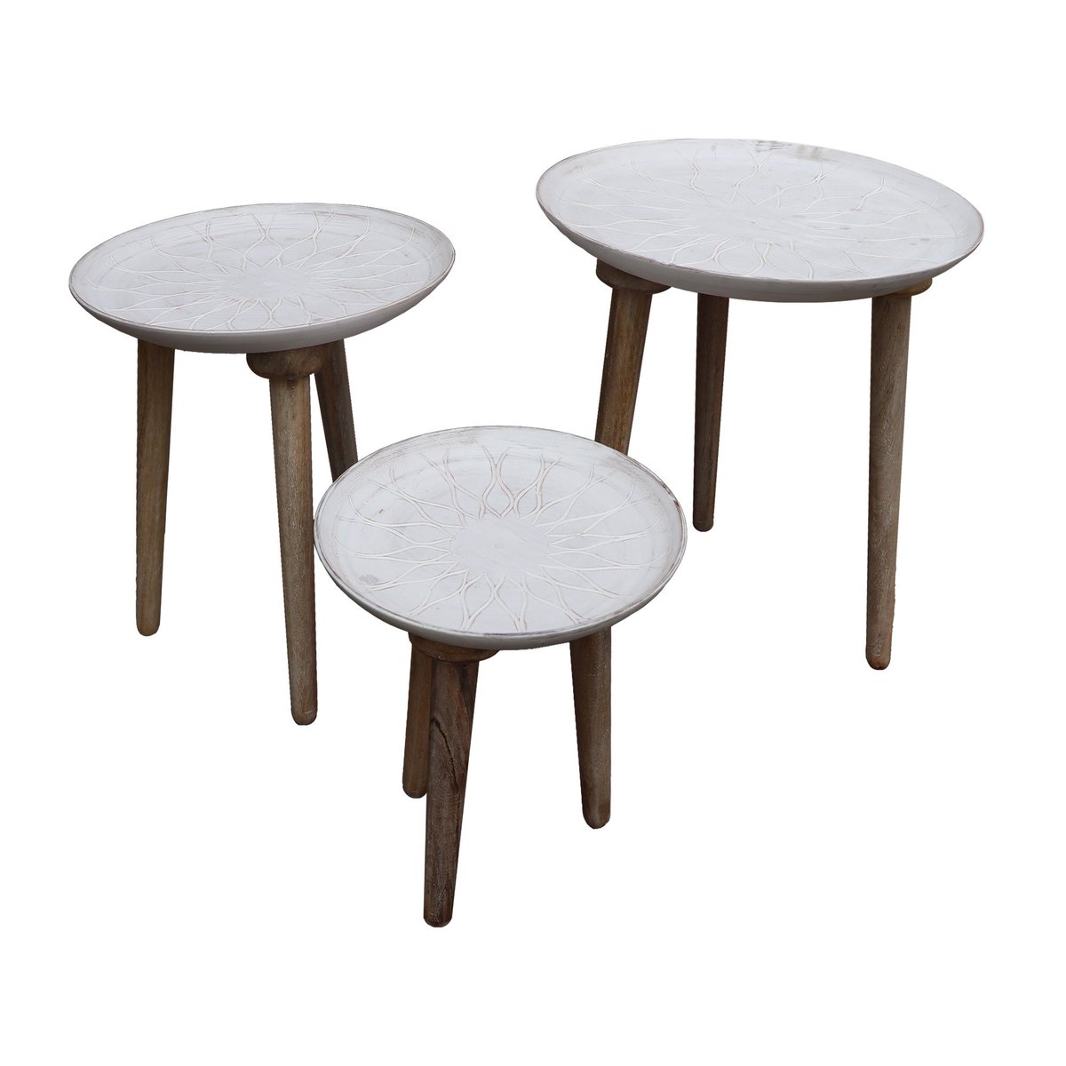 Mango Wood Bowl Top Side End Coffee Table With Angled Tripod Base, Set Of 3, White And Brown - UPT-209570