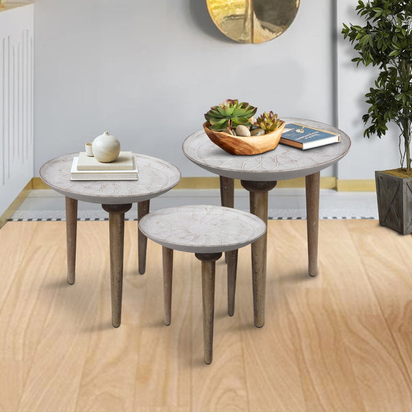 Mango Wood Bowl Top Side End Coffee Table With Angled Tripod Base, Set Of 3, White And Brown - UPT-209570