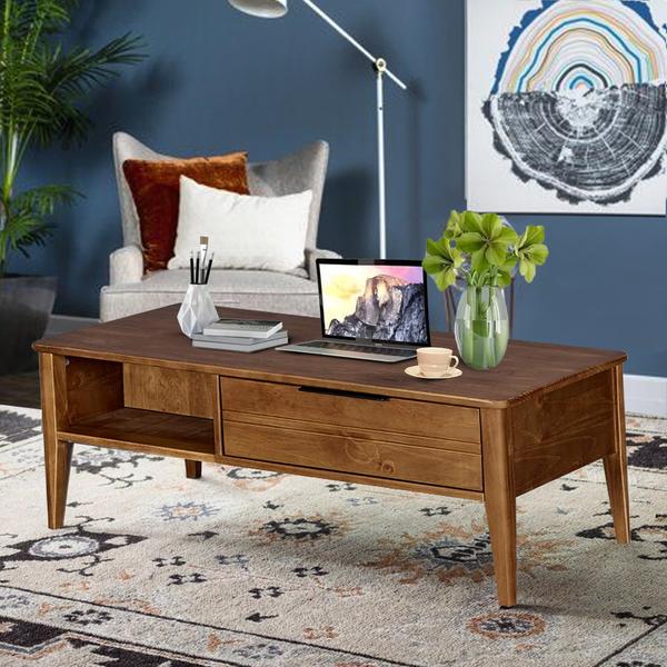 Mid Century Modern Style Wooden Coffee Table With One Drawer, Brown - BM203365