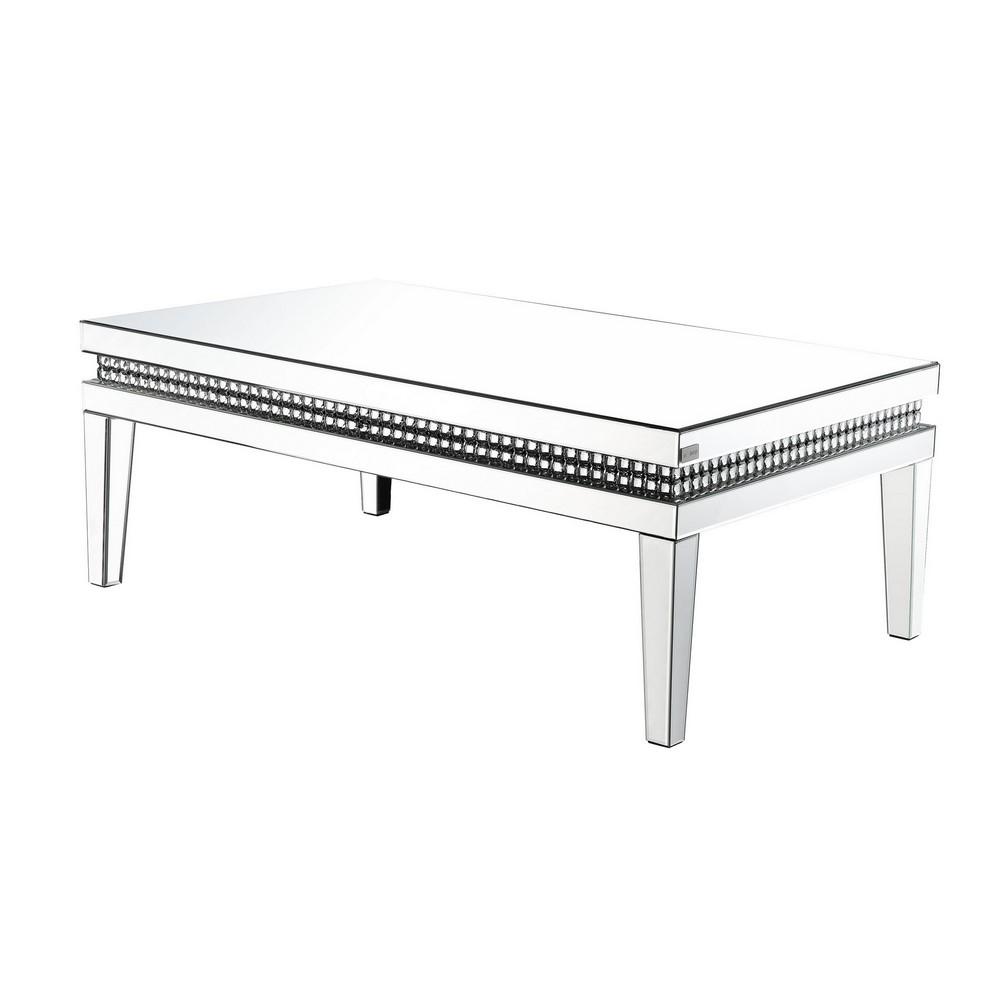 Mirror Inlay Coffee Table With Faux Crystal Accents, Silver