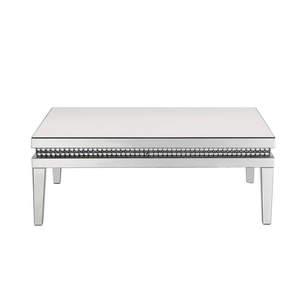 Mirror Inlay Coffee Table With Faux Crystal Accents, Silver