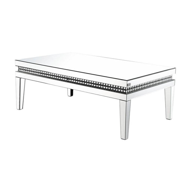 Mirror Inlay Coffee Table With Faux Crystal Accents, Silver