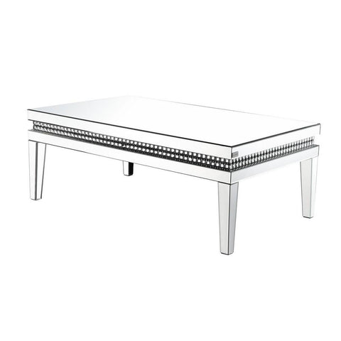 Mirror Inlay Coffee Table With Faux Crystal Accents, Silver