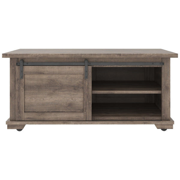 Panel Design Wooden Cocktail Table With Barn Sliding Door And Casters,Brown - BM226539