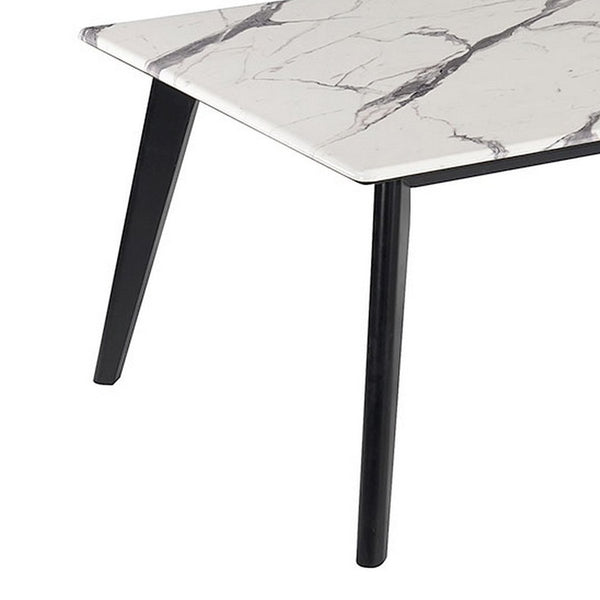 Rectangular Faux Marble Top Coffee Table With Angled Wooden Legs, White