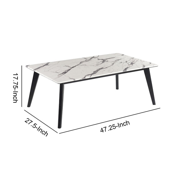 Rectangular Faux Marble Top Coffee Table With Angled Wooden Legs, White