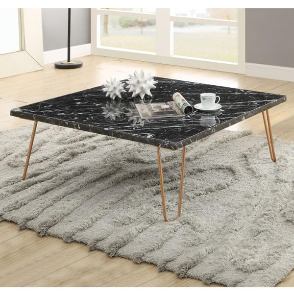 Rectangular Marble Top Coffee Table With Metal Hairpin Legs,Gold And Black