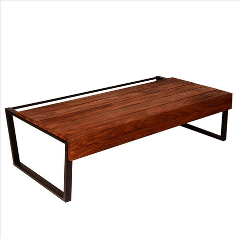 Rectangular Wooden Industrial Coffee Table With Metal Sled Base, Brown And Black