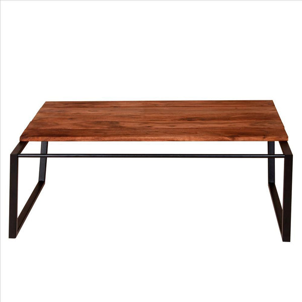 Rectangular Wooden Industrial Coffee Table With Metal Sled Base, Brown And Black