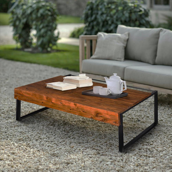 Rectangular Wooden Industrial Coffee Table With Metal Sled Base, Brown And Black