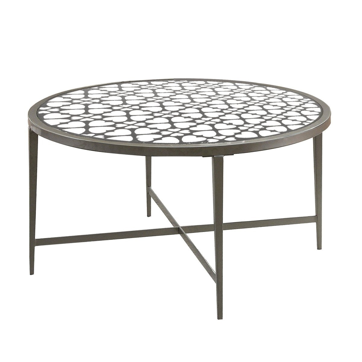 Round Glass Top Coffee Table With X Support Metal Base, Silver