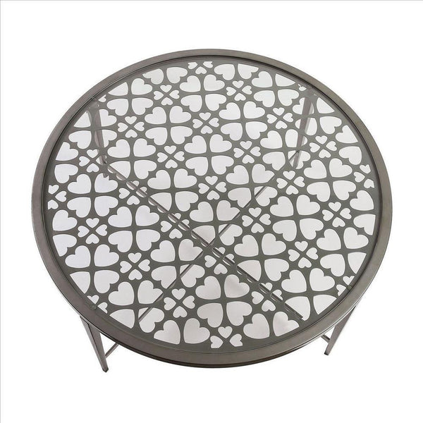 Round Glass Top Coffee Table With X Support Metal Base, Silver