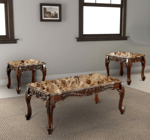 3 PIECE TABLE SET With Marble Table Top, Dark Oak Brown - BM131463