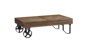 Rectangular Thick Wood Top Coffee Table With Sand Cast Metal Base, Brown