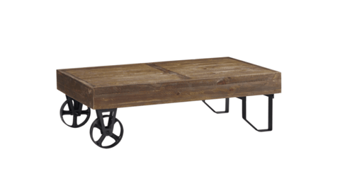 Rectangular Thick Wood Top Coffee Table With Sand Cast Metal Base, Brown