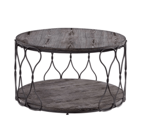 Industrial Style Round Metal And Solid Wood Coffee Table With Open Bottom Shelf, Gray And Brown
