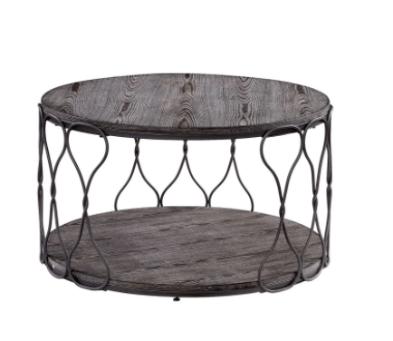 Industrial Style Round Metal And Solid Wood Coffee Table With Open Bottom Shelf, Gray And Brown