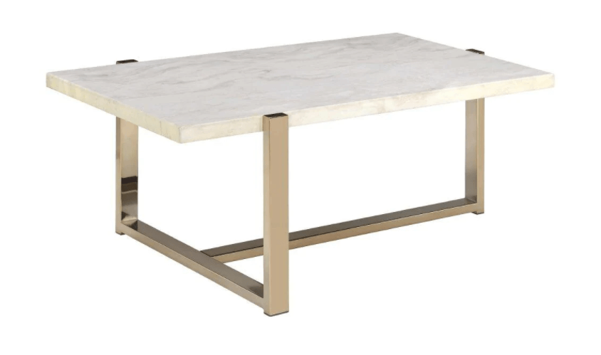 BM194439 Modern Metal Framed Coffee Table With Faux Marble Top, White And Gold