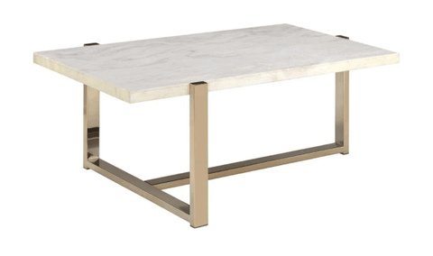 BM194439 Modern Metal Framed Coffee Table With Faux Marble Top, White And Gold