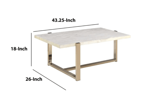 BM194439 Modern Metal Framed Coffee Table With Faux Marble Top, White And Gold