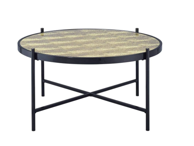Metal Framed Round Coffee Table With X" Shaped Support Crossbar, Brown And Black
