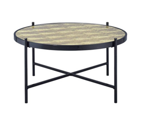 Metal Framed Round Coffee Table With X" Shaped Support Crossbar, Brown And Black