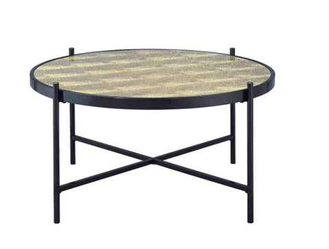 Metal Framed Round Coffee Table With X" Shaped Support Crossbar, Brown And Black