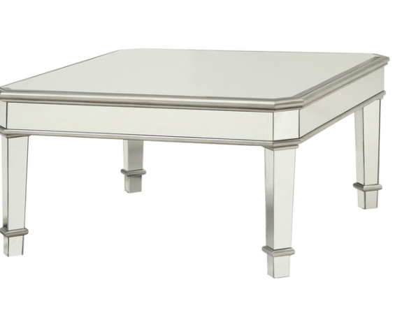 Mirrored Transitional Style Wooden Coffee Table With Beveled Edges, Silver