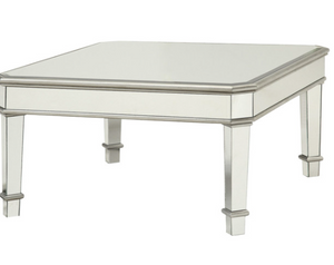 Mirrored Transitional Style Wooden Coffee Table With Beveled Edges, Silver