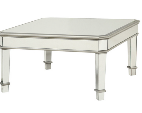 Mirrored Transitional Style Wooden Coffee Table With Beveled Edges, Silver