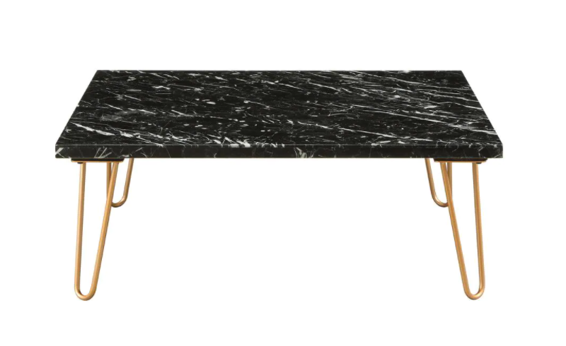 Rectangular Marble Top Coffee Table With Metal Hairpin Legs,Gold And Black