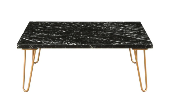 Rectangular Marble Top Coffee Table With Metal Hairpin Legs,Gold And Black