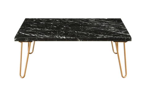 Rectangular Marble Top Coffee Table With Metal Hairpin Legs,Gold And Black
