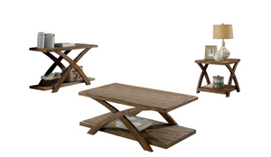 Transitional Style Wooden 3 Piece Table Set With X Shaped Table Base, Light Oak