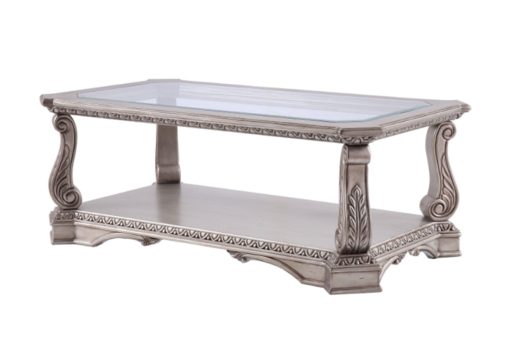 Wooden Coffee Table With Inserted Glass Top And Scrolled Legs, Silver And Clear