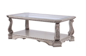 Wooden Coffee Table With Inserted Glass Top And Scrolled Legs, Silver And Clear