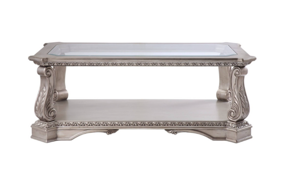 Wooden Coffee Table With Inserted Glass Top And Scrolled Legs, Silver And Clear