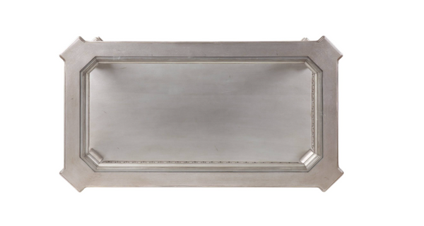 Wooden Coffee Table With Inserted Glass Top And Scrolled Legs, Silver And Clear