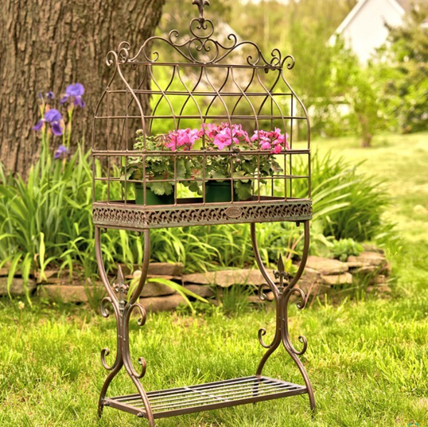 VINTAGE STYLE IRON CAGE PLANT STAND "PARIS 1968" IN BRONZE