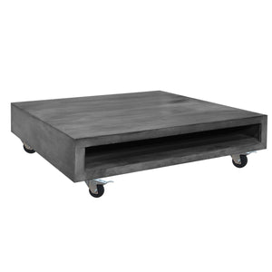 Square Mango Wood Coffee Table With Casters And Open Storage Compartment, Grey