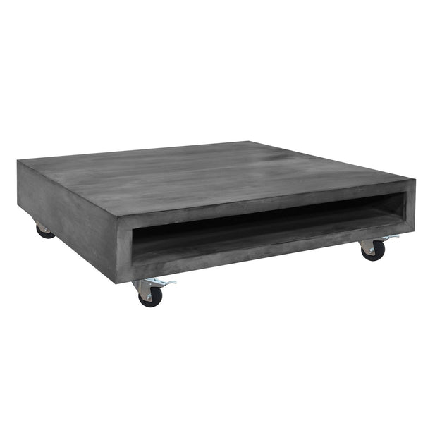 Square Mango Wood Coffee Table With Casters And Open Storage Compartment, Grey