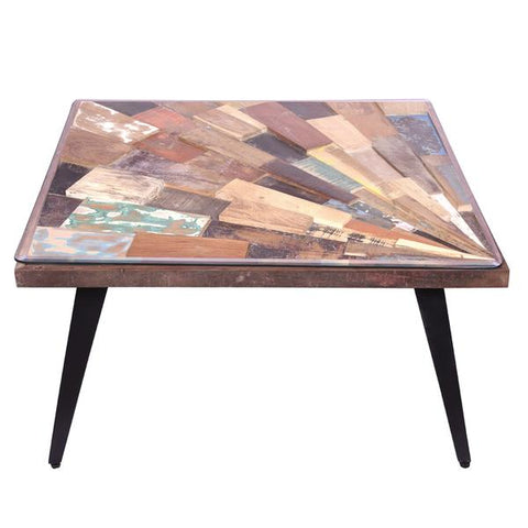 Square Wooden Coffee Table With Sunburst Design Glass Inserted Top, Multicolor