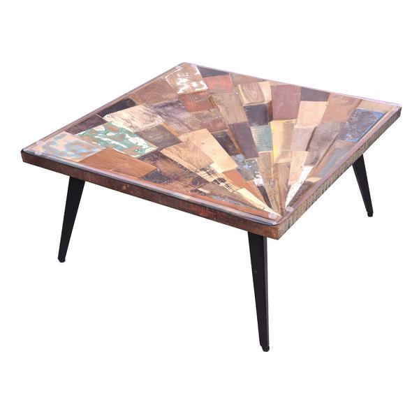 Square Wooden Coffee Table With Sunburst Design Glass Inserted Top, Multicolor