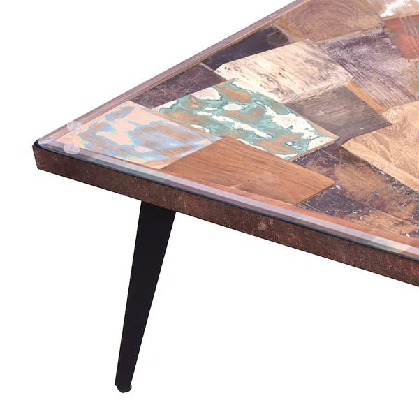 Square Wooden Coffee Table With Sunburst Design Glass Inserted Top, Multicolor